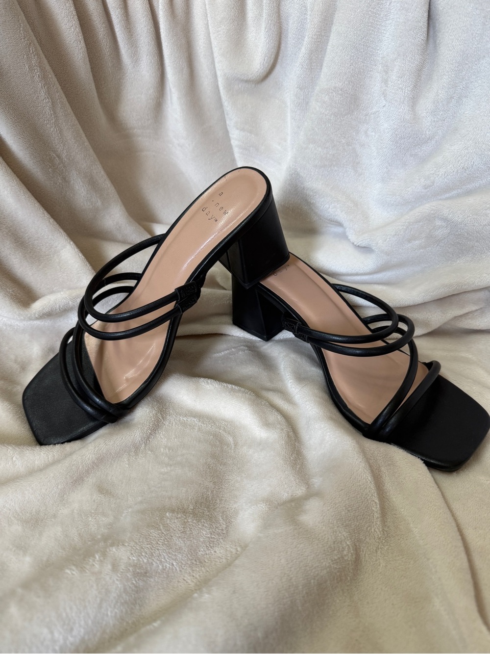 A New Day Black Strappy Block Heel Sandals Square Toe Women’s Size 7